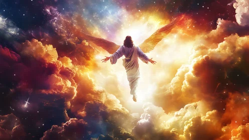 Radiant winged figure ascends through glowing celestial clouds