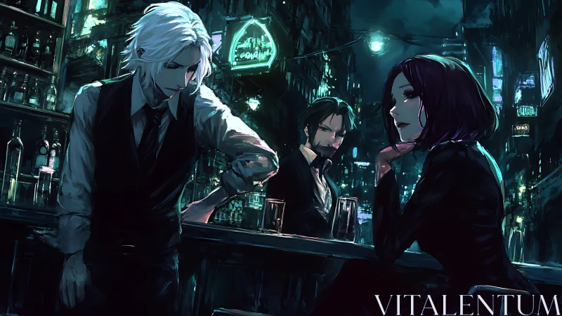 Moody trio gather in neon-soaked cyberpunk cocktail bar.