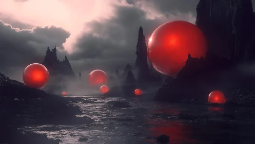 Red orbs hover over dark alien canyon under storm clouds.