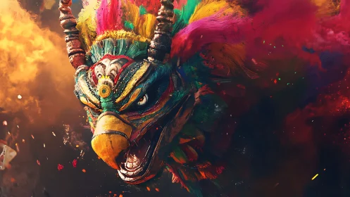 Vibrant mythical beast head bursting through color storm.
