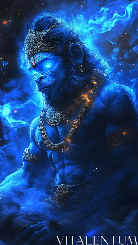 Mystical blue simian deity radiates divine cosmic energy.