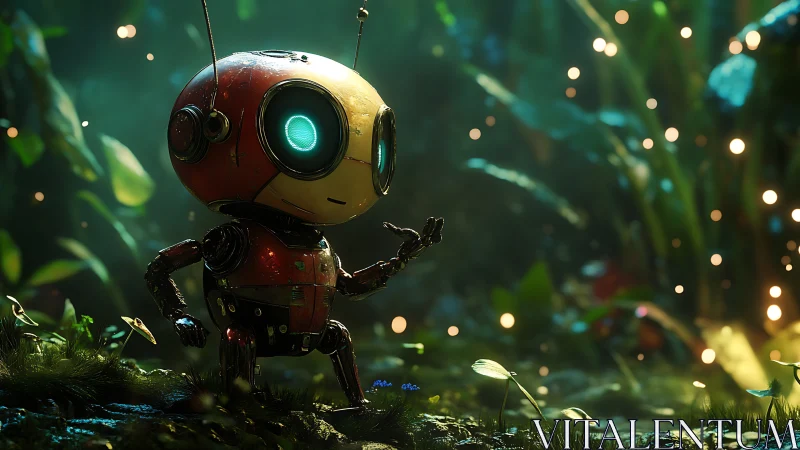 Small biped robot examines glowing particles in forest clearing