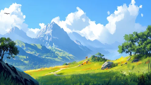 Sunlit mountain meadow trail beneath drifting clouds.