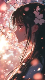 Side-lit anime girl beneath glowing spring sakura blossoms
