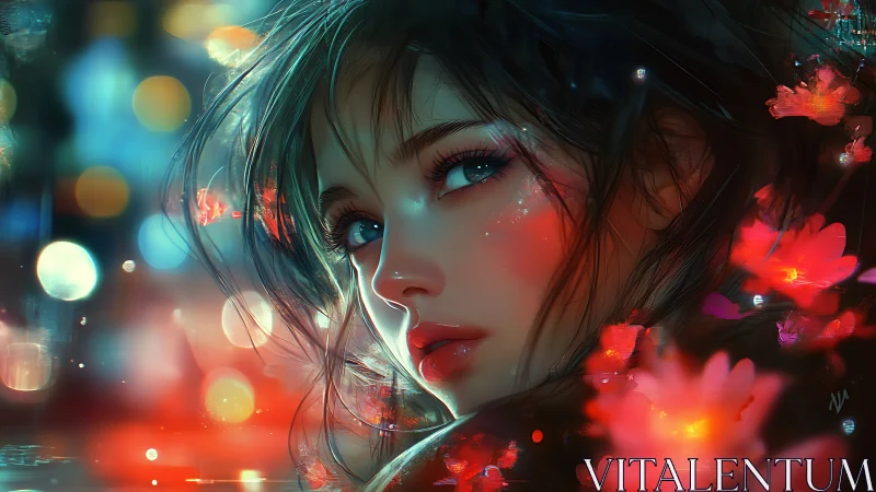 Digital portrait of woman amid neon bokeh and flowers.