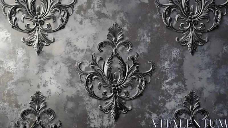 Ornate Baroque Pattern on Metallic Grey Textured Wallpaper.