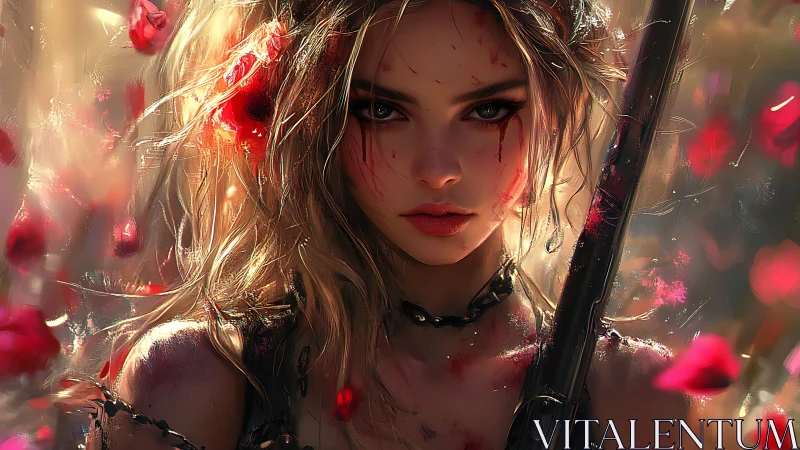 Battle-scarred warrior woman amid falling crimson petals.