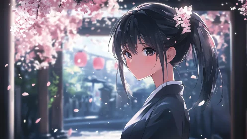 Sakura petals drift around a solemn anime girl at dusk.