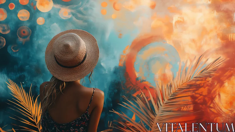 Woman studies vivid teal and orange abstract mural outdoors.