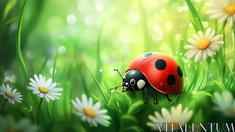 Ladybug explores sunlit meadow amid dew-kissed daisies.