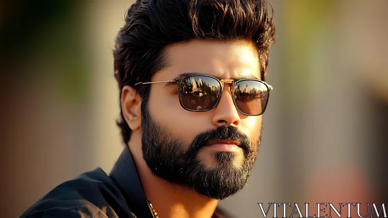 Stylish bearded man wearing sunglasses in warm sunlight.