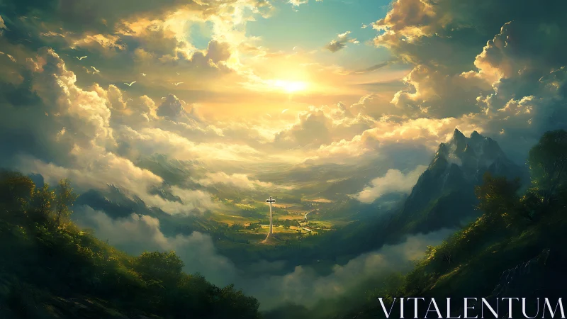 Mountain valley landscape under sunrise with tall cross.
