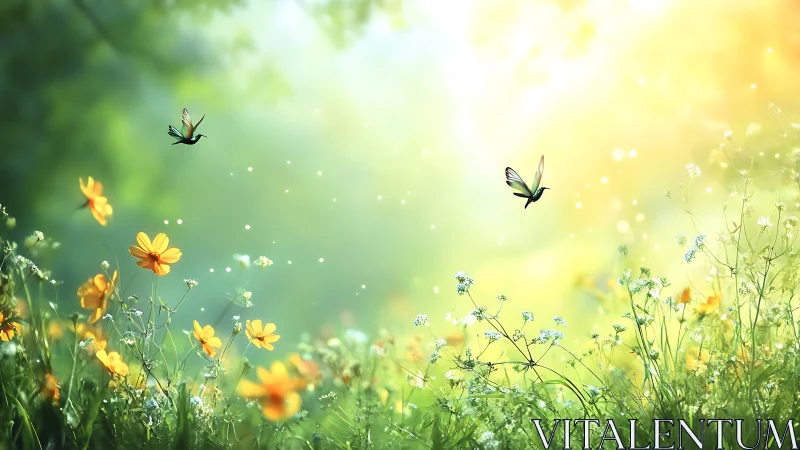 Sunlit meadow waltz with butterflies and golden blossoms.
