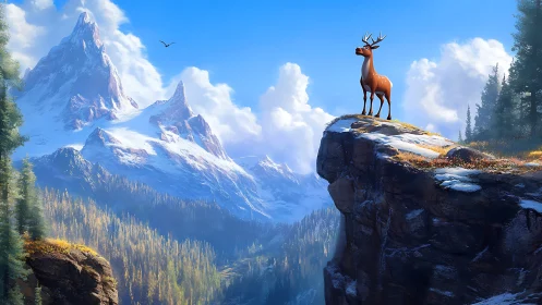 Cartoon deer stands on cliff edge above snowy mountains.