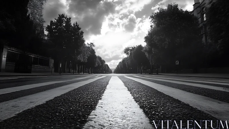 Monochrome street crosswalk extends toward distant vanishing point