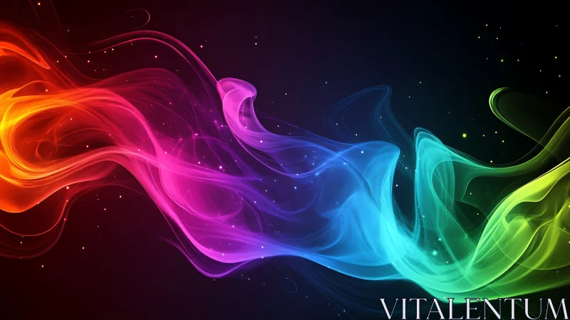 Multicolored light trails curve across dark gradient background