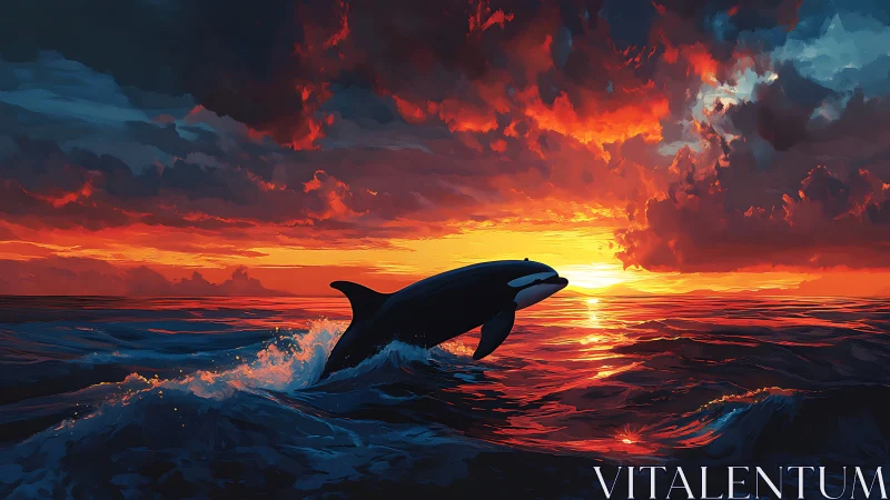 Orca silhouette leaping across blazing ocean sunset sky.