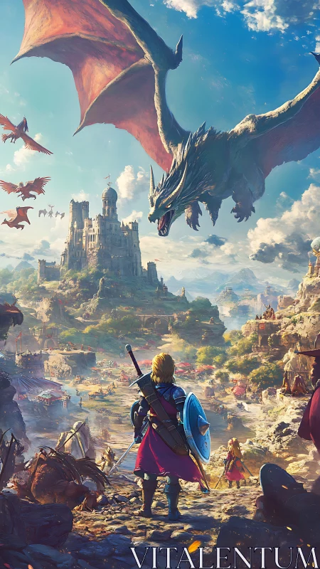 Dragon attack over medieval castle and lone armored hero.