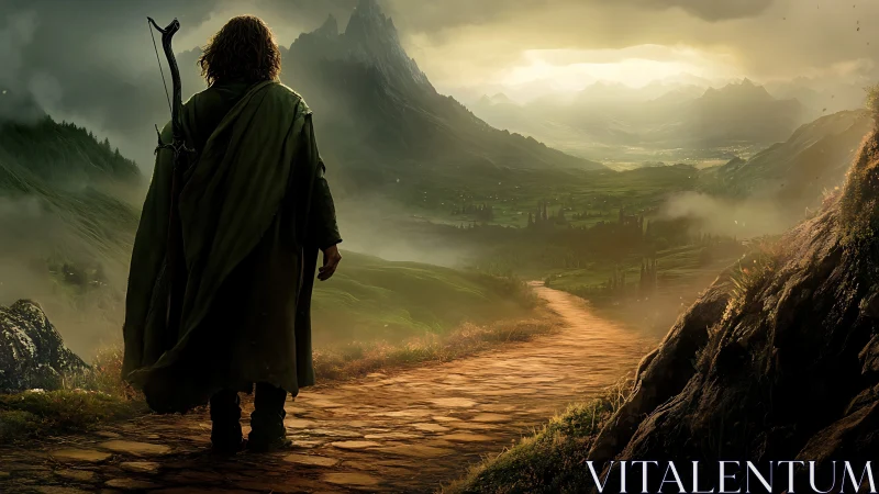 Wanderer on a sunlit path toward misty emerald peaks.