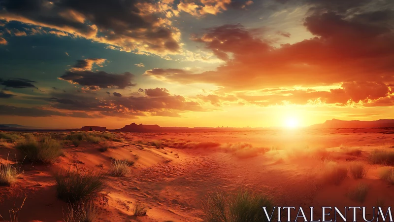 Glowing desert sunset welcomes soft dunes and gentle clouds
