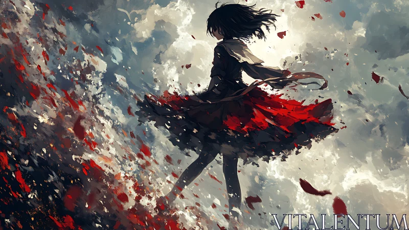 Silhouetted figure in red skirt stands amid swirling debris