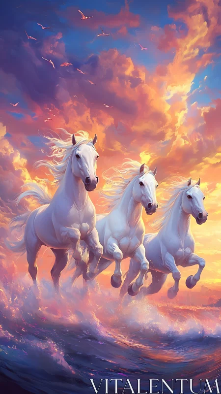 Galloping white stallions under radiant sunset surfscape.