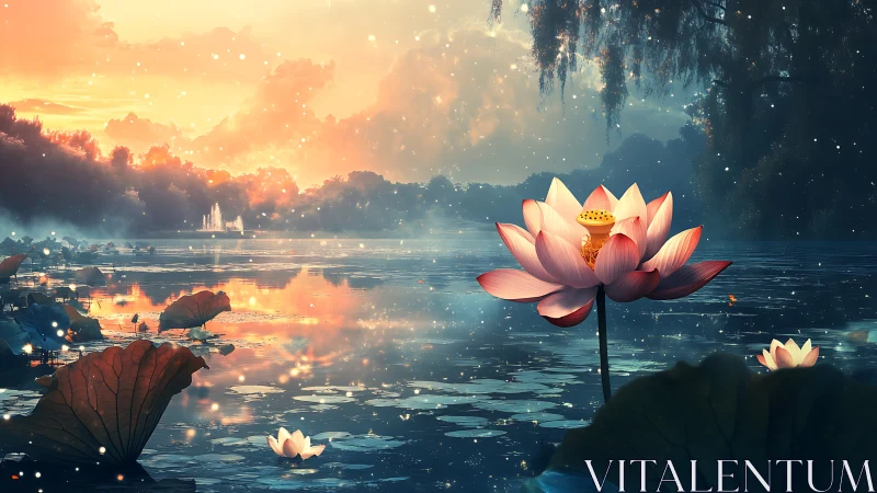 Radiant lotus blooms in a dreamy sunset lakeside sanctuary