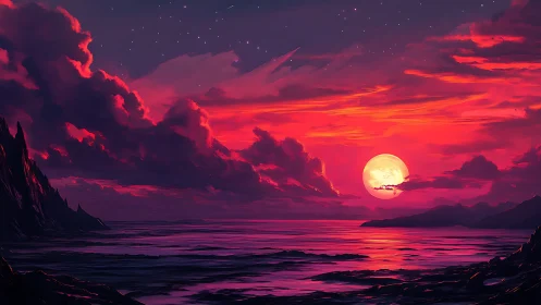 Scarlet seascape surrounds luminous full moon at horizon