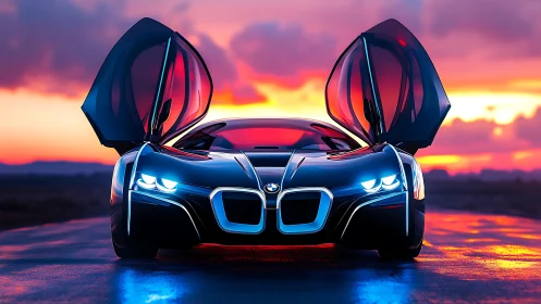 Futuristic BMW concept sports car with scissor doors at dusk.
