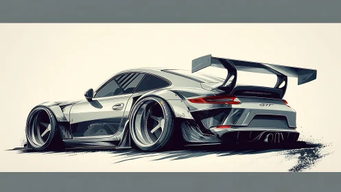 Widebody silver GT race car drifts with aggressive stance.