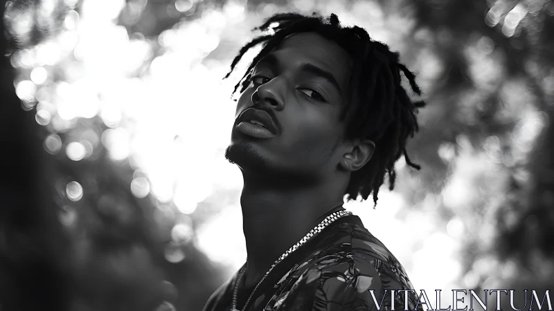 Moody black and white outdoor portrait with bokeh light.