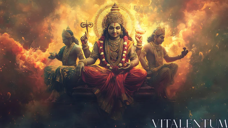Digital depiction of seated multi-armed deity trio in flames.