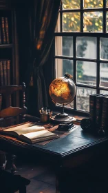 Sunlit study desk with vintage illuminated terrestrial globe.