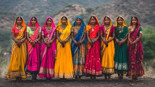 Group of Indian women in vibrant traditional sarees, outdoors.