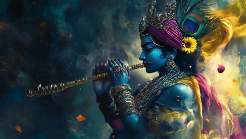 Divine blue figure plays golden flute in swirling cosmic haze.