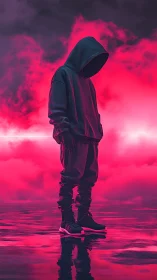 Hooded figure stands in neon magenta fog with reflective floor