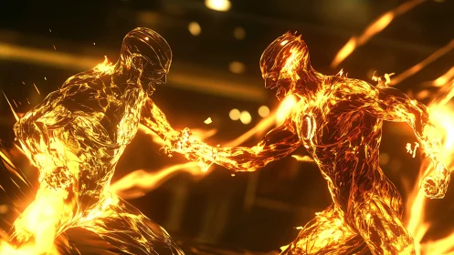 Molten humanoid figures collide in high-energy digital combat