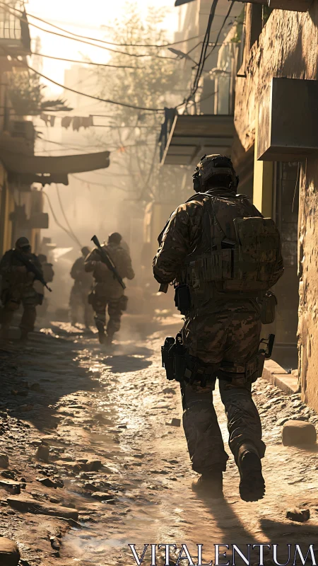 Armed soldiers advance through narrow debris filled urban alley
