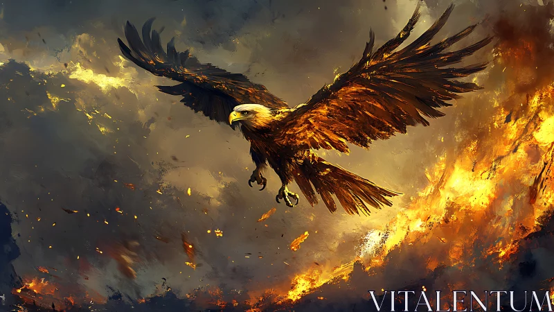 Majestic Eagle Soaring Over Fiery Landscape in Dramatic Digital Art.