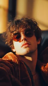 Cinematic portrait in amber window light with retro optics.