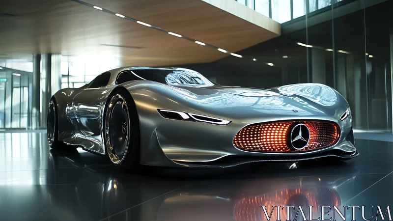 Sleek silver concept car glows softly in a modern glass hall