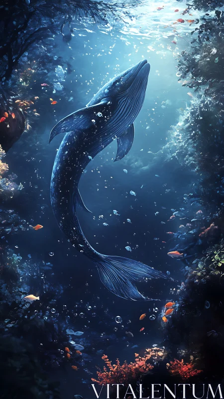 Large whale ascends through illuminated underwater canyon