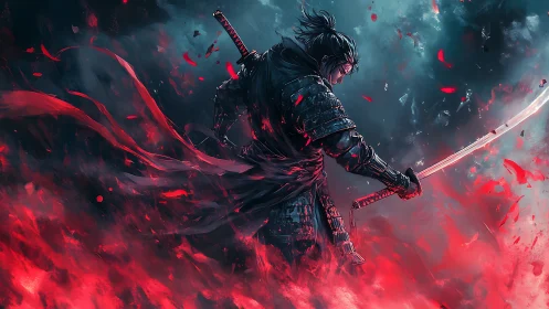 Armored swordsman in red smoke with drawn katana blade.