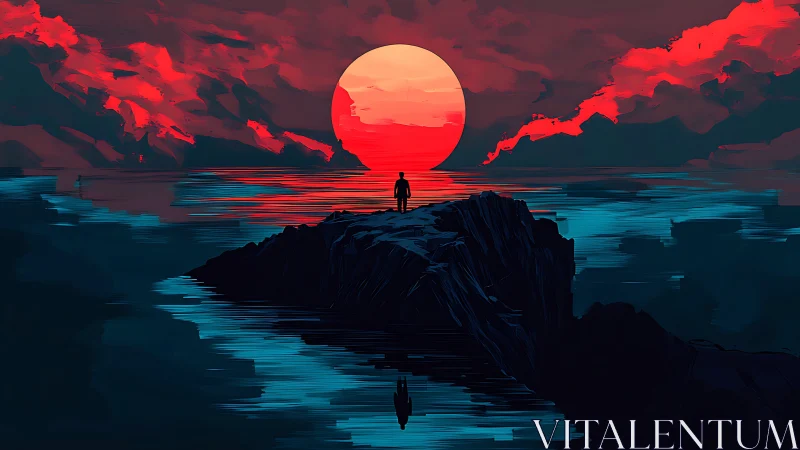 Solitary figure on cliff facing vivid red ocean sunset.
