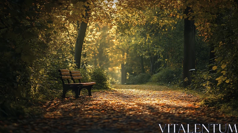 Wooden Bench in Autumn Forest Path.