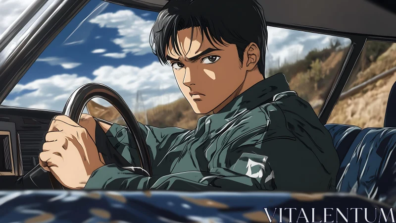 Male driver in car interior with rural roadside view.