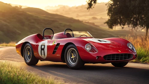 Vintage red race car rests on sunlit country road.