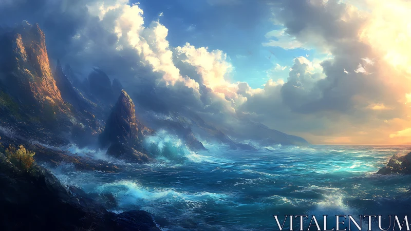 Stormlit cliffs and radiant sea under a glowing horizon.