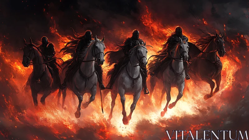 Armored riders on white horses charge through fire.