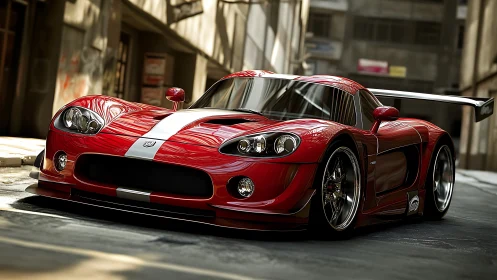 Aerodynamic red race car with widebody kit in urban alley.
